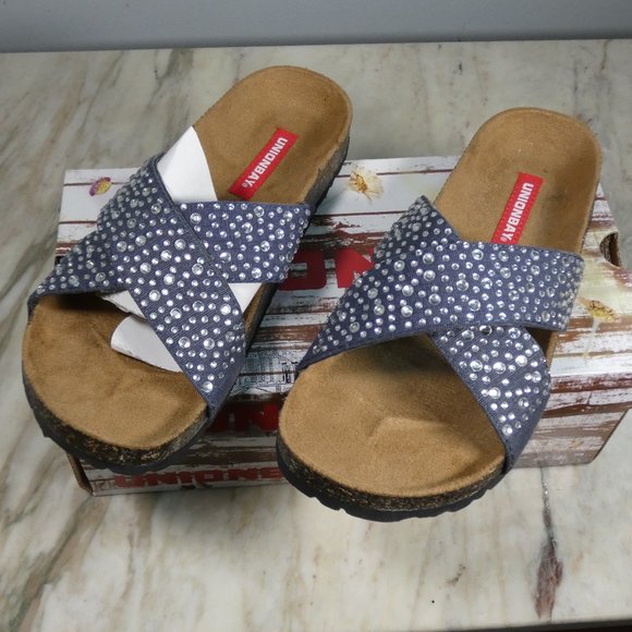 UnionBay Slide Sandal Molded Cork Footbed Denim with Silver Embelishment 7.5 - Picture 1 of 10
